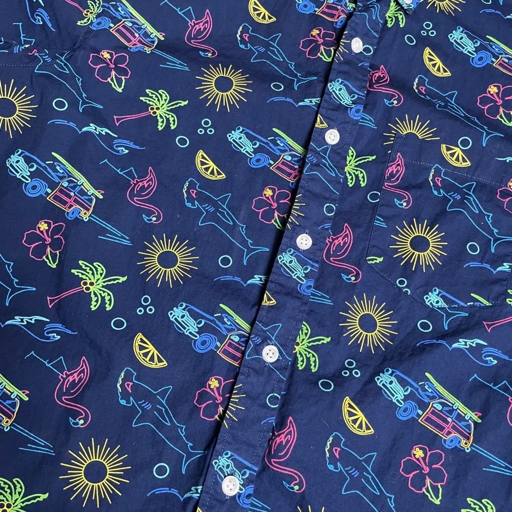 J. Crew Flex Washed Slim Button Down Shirt Neon Shark Print Short‎ Sleeve - M